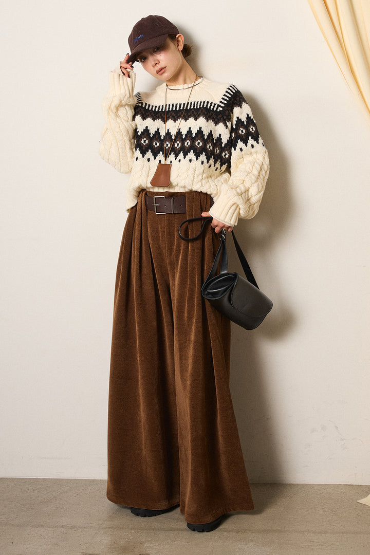 [SET]2WAY求心柄ジャガードショートカーディガン+ベルトループコーデュロイワイドパンツ(2set)