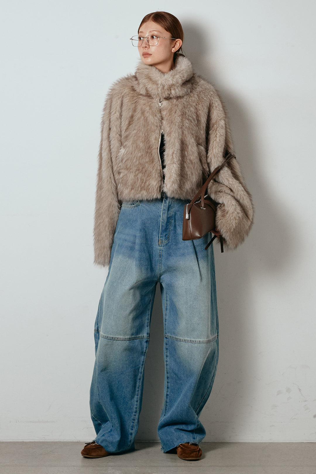 [SET]エコファーショート丈ブルゾン+加工デニムタックコクーンワイドパンツ(2set)