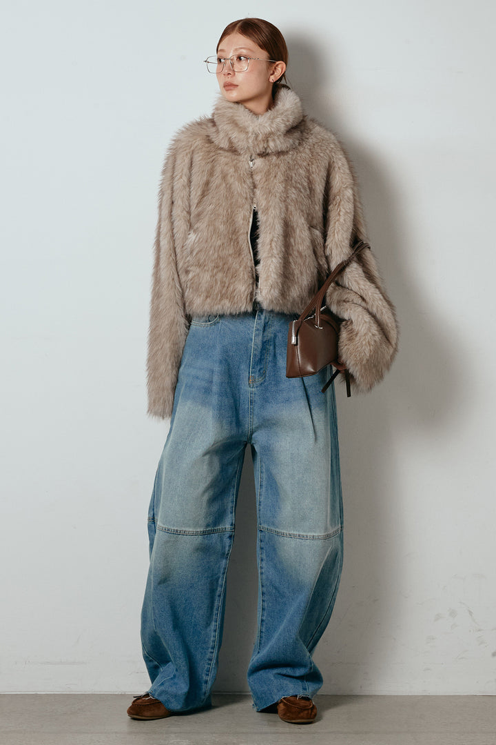 [SET]エコファーショート丈ブルゾン+加工デニムタックコクーンワイドパンツ(2set)