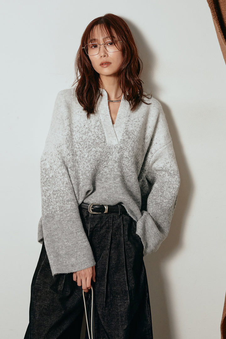 [SET]グラデーションラメニットキーネックプルオーバー+フロントタック入りコーデュロイパンツ(2set)