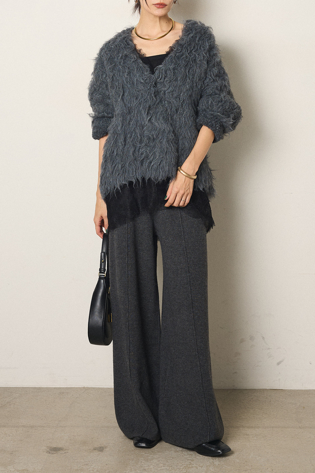 [SET]起毛シャギーニットカーディガン+センターラインニットパンツ+レース切り替えキャミソール(3set)