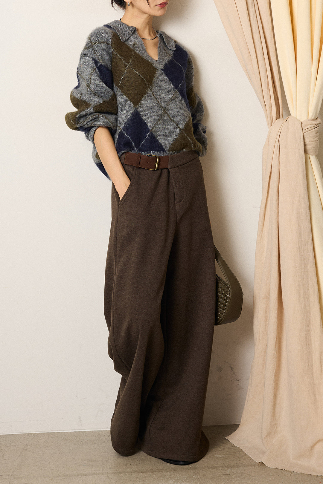 [SET]アクリルモヘアアーガイルキーネックプルオーバー+サイドベルトパンツ(2set)