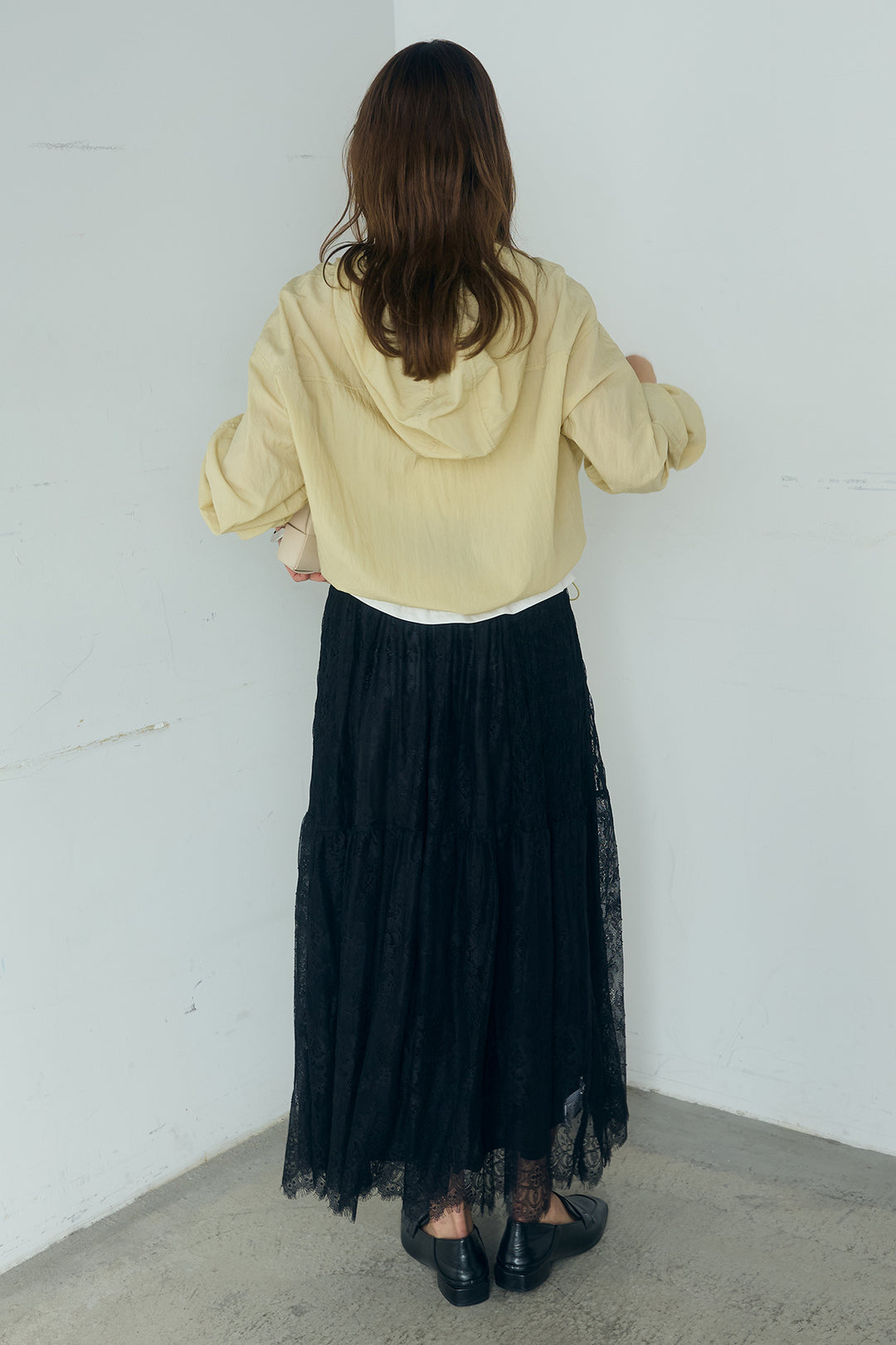 [SET]レイヤードデザインフーディートップス+ひげレース切替ロング丈スカート(2set)