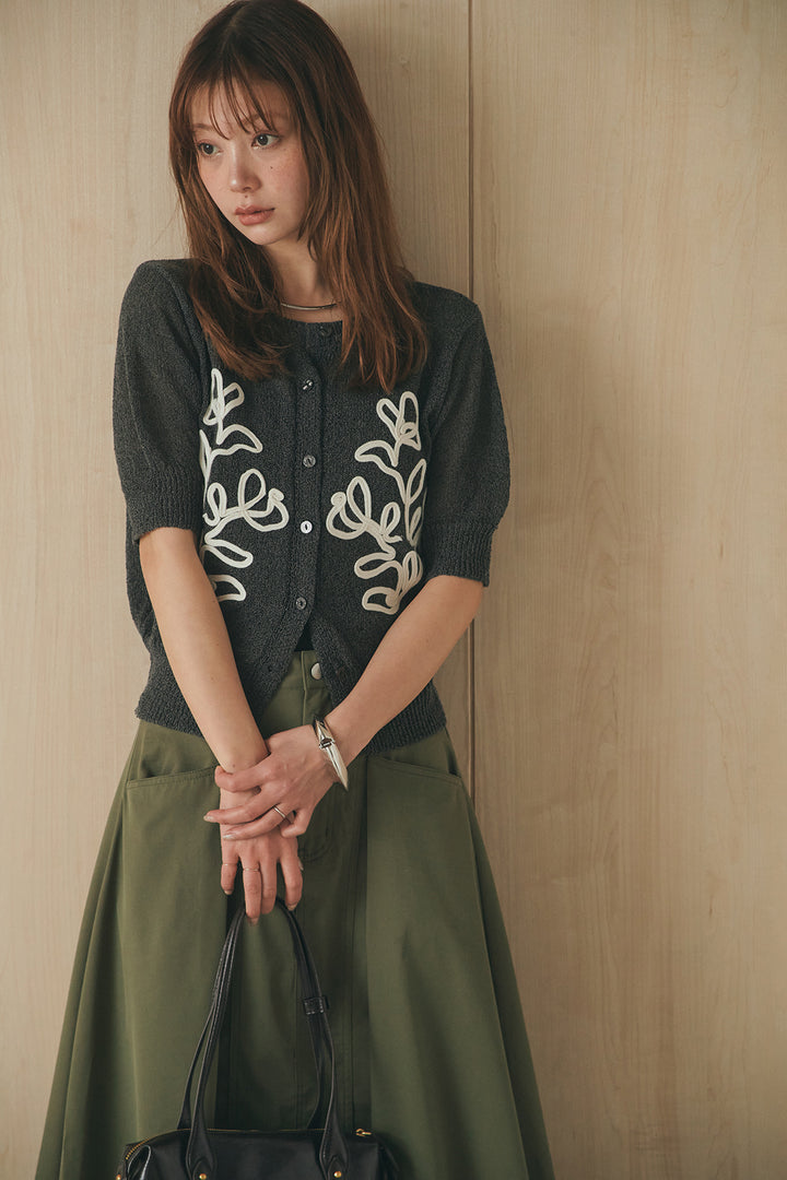 [SET]フロントテープデザイン半袖カーディガン+ミリタリーツイルタックフレアスカート(2set)