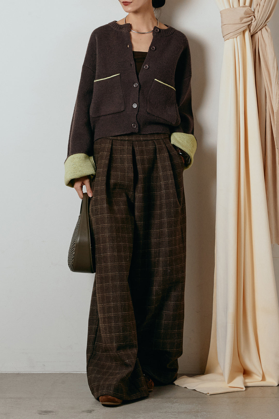 [SET]アルパカタッチダブルフェイスカーディガン+ウールライクチェックタックパンツ(2set)