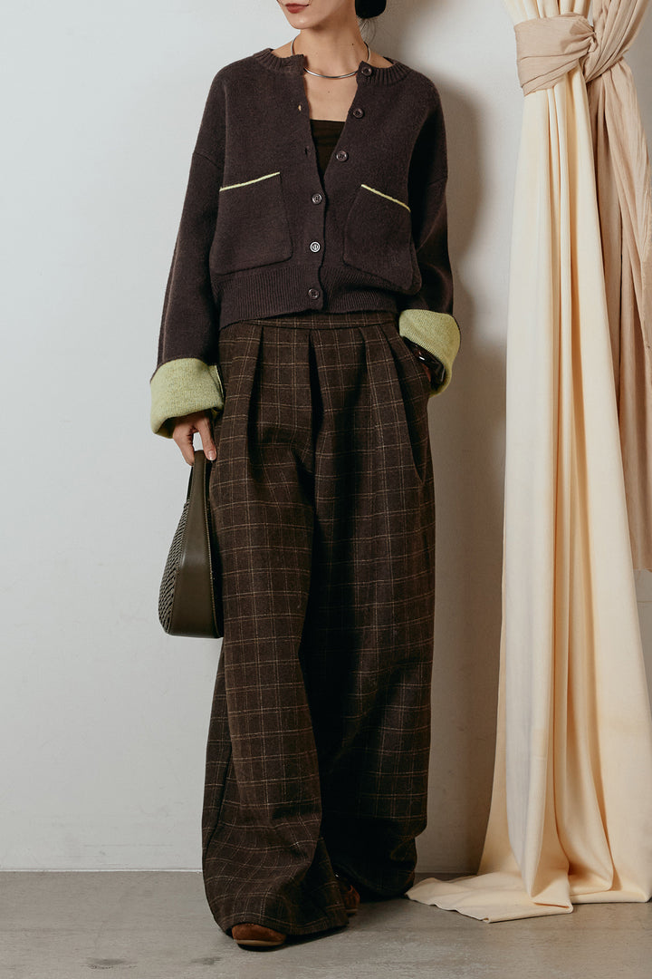 [SET]アルパカタッチダブルフェイスカーディガン+ウールライクチェックタックパンツ(2set)