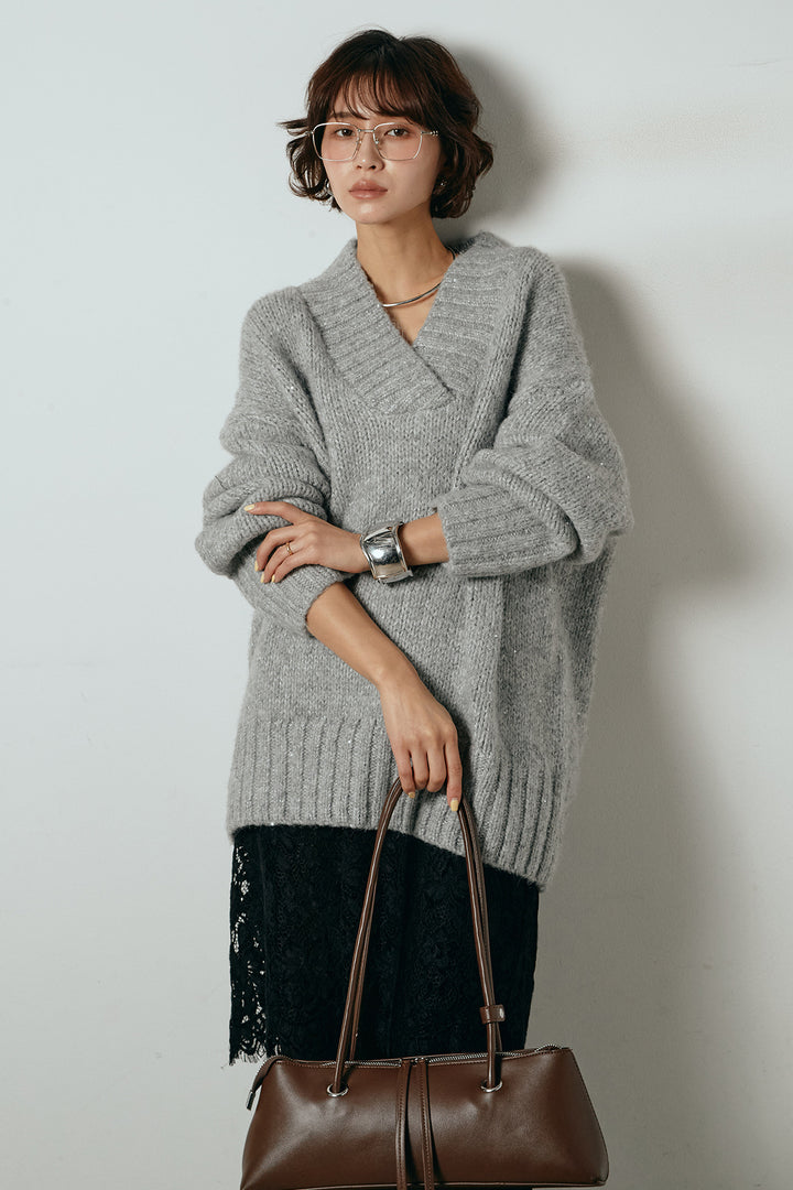 [SET]Vネックラメニットトップス+レース刺繍レイヤードフレアパンツ(2set)