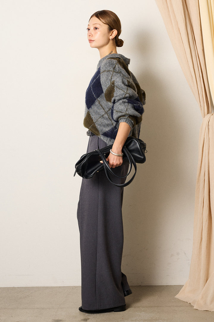 [SET]アクリルモヘアアーガイルキーネックプルオーバー+フロントワイドタックネップ入ワイドパンツ(2set)