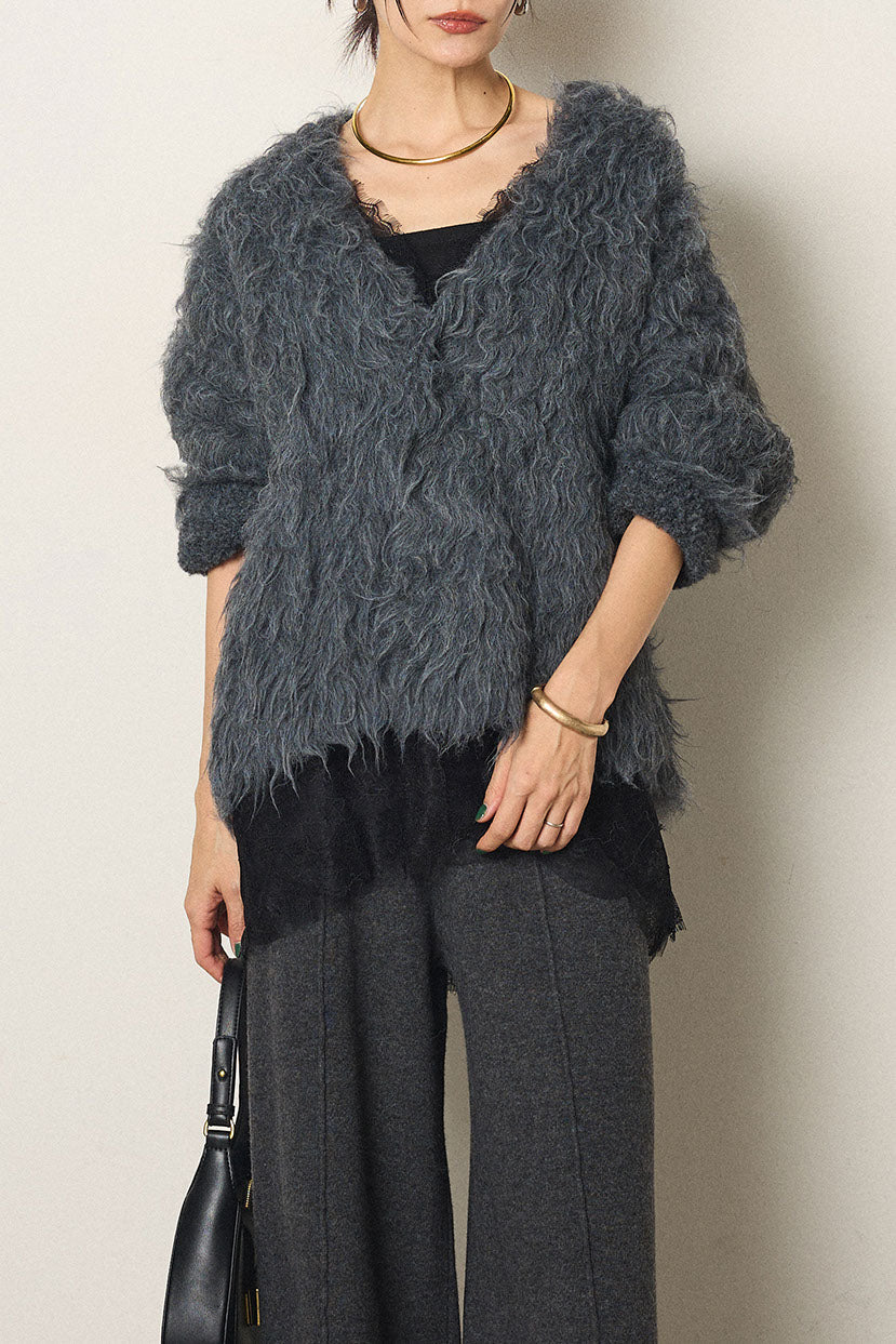 [SET]起毛シャギーニットカーディガン+レース切り替えキャミソール(2set)