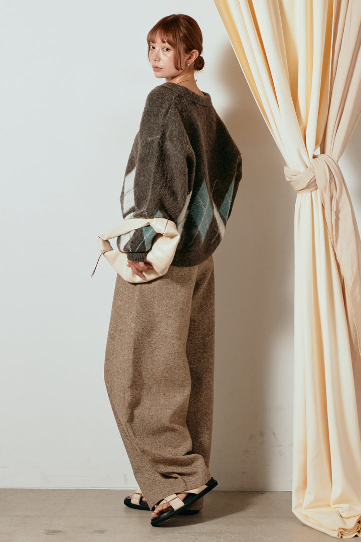 [SET]アーガイル柄ポロニットトップス+ベルト付きネップツイードカーブパンツ(2set)