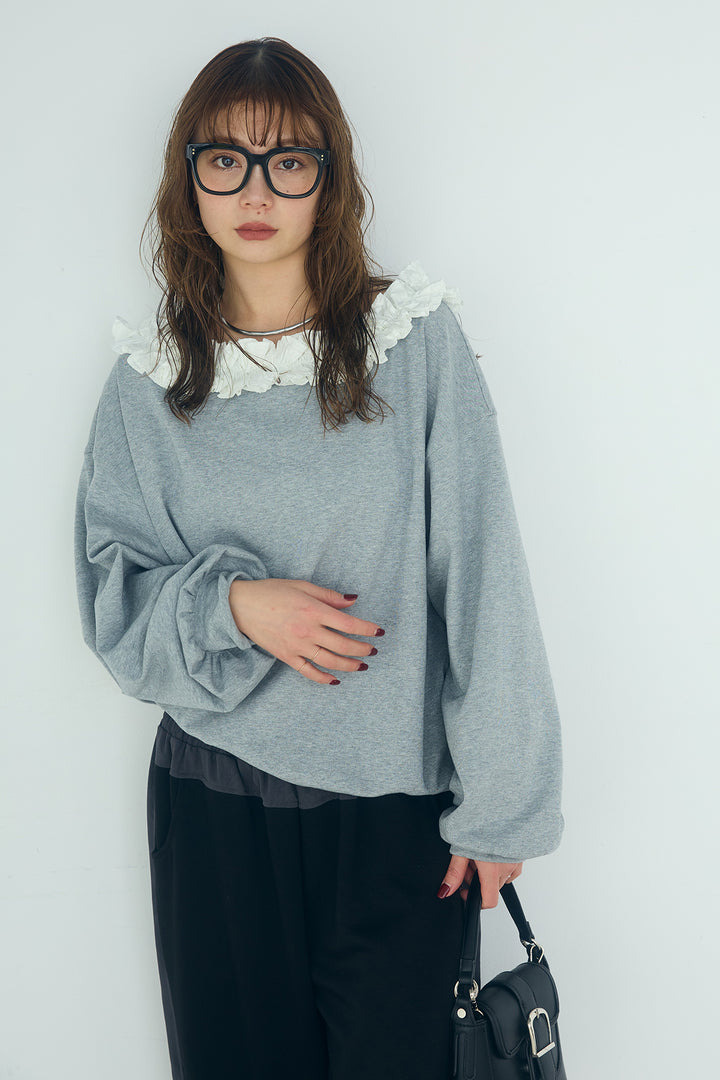 [SET]ネックギャザーフリルスウェット+異素材切り替えスウェットパンツ(2set)