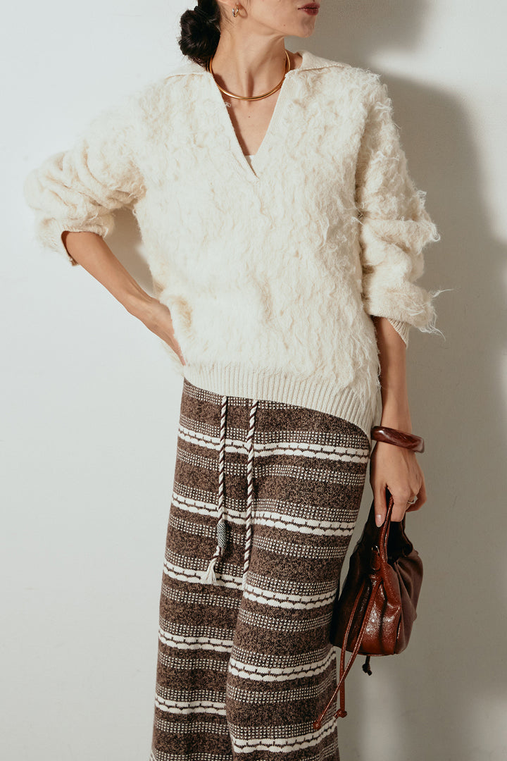 [SET]襟付きシャギーニットポロトップス+マルチライン柄リラックスニットパンツ(2set)