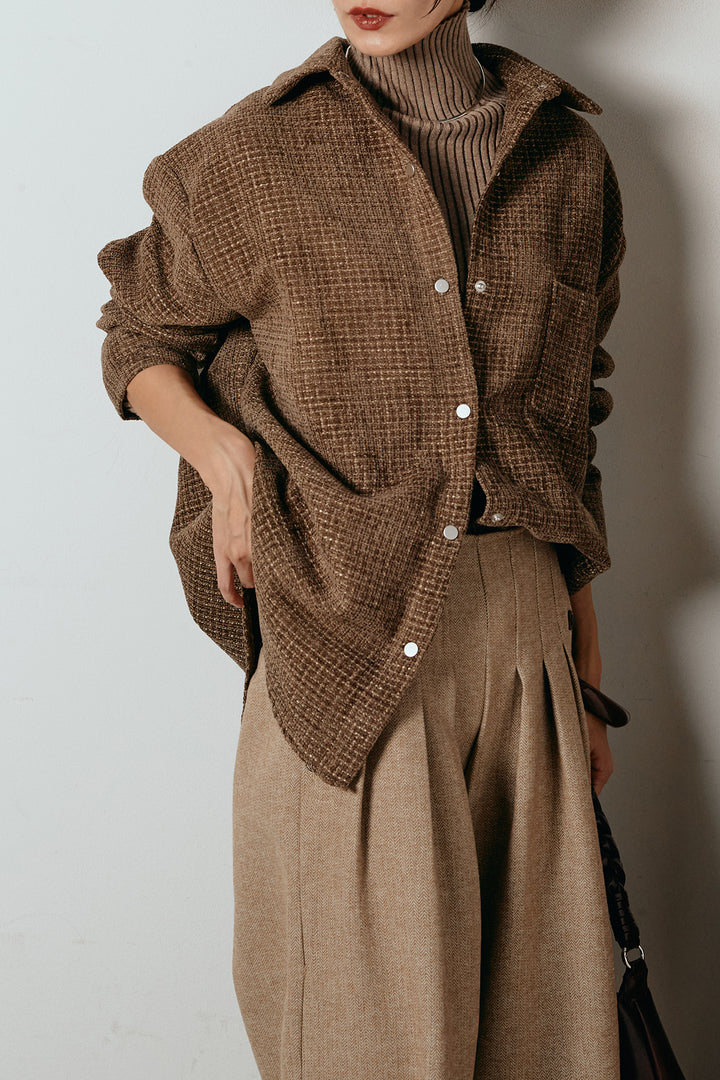 [SET]ルーズクラッシュツイルシャツ+リブニットシームレスタートルプルオーバー+サイドボタンツイードタックパンツ(3set)