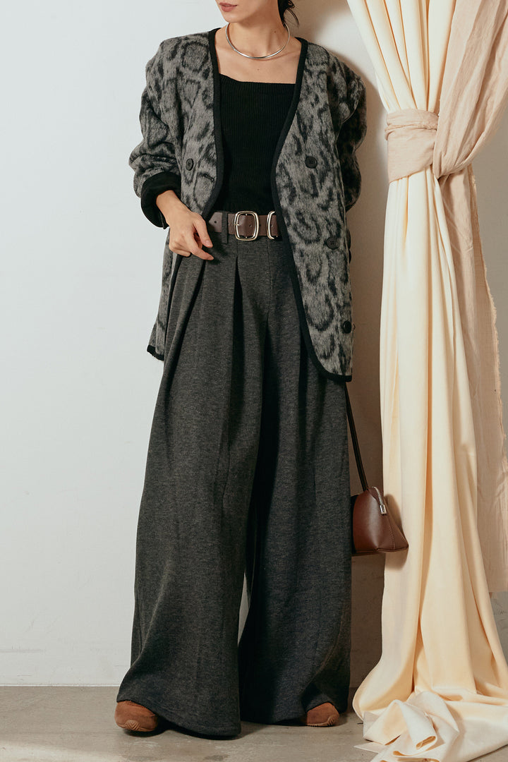 [SET]ノーカラーレオパード柄アウター+フェイクレザー太ベルト付きタックワイドパンツ(2set)