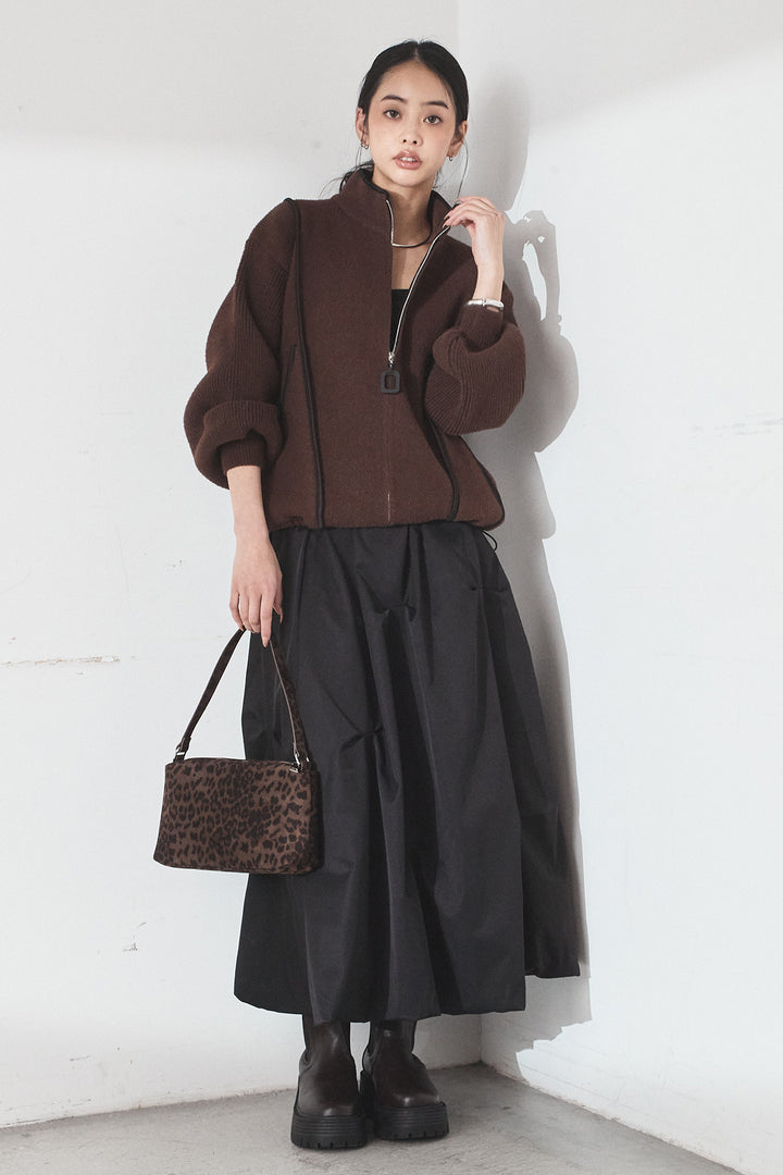 [SET]ハイネックパイピングデザインブルゾン+ランダムタックバルーンスカート(2set)