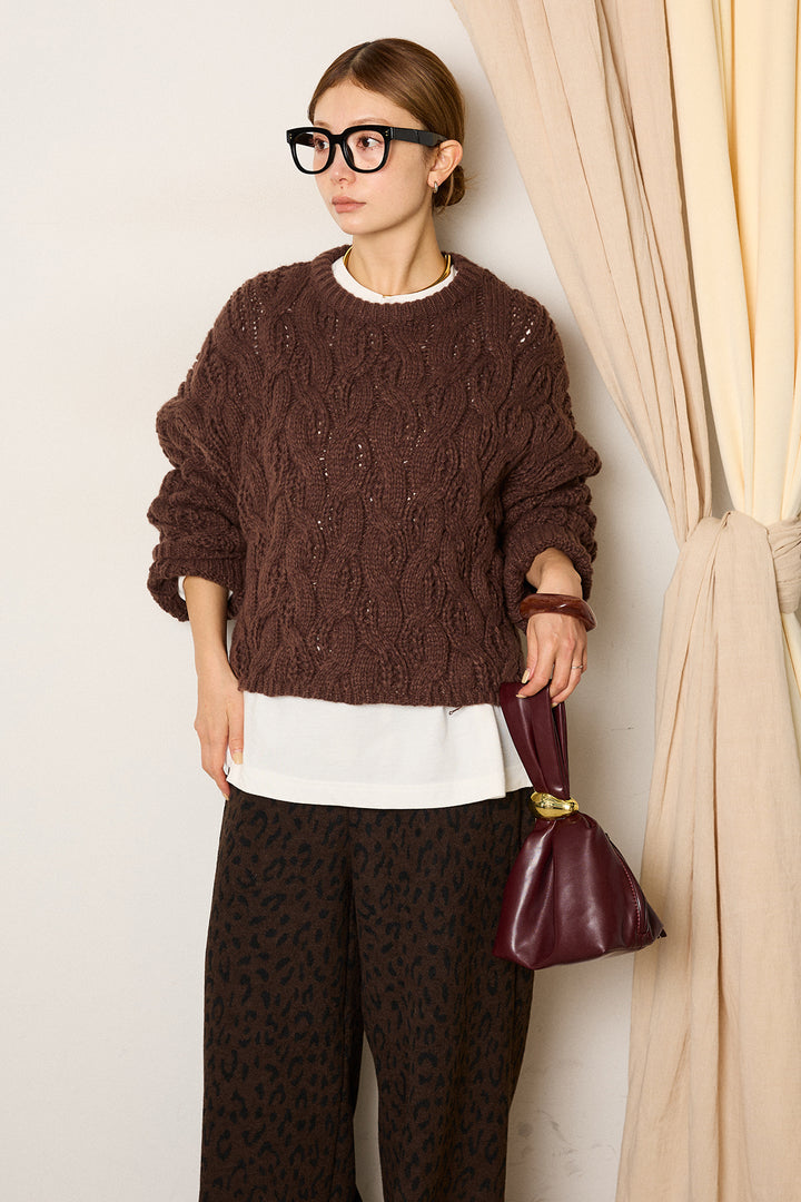 [SET]ケーブルリラックスショートニット+レオパードジャガードニットパンツ(2set)