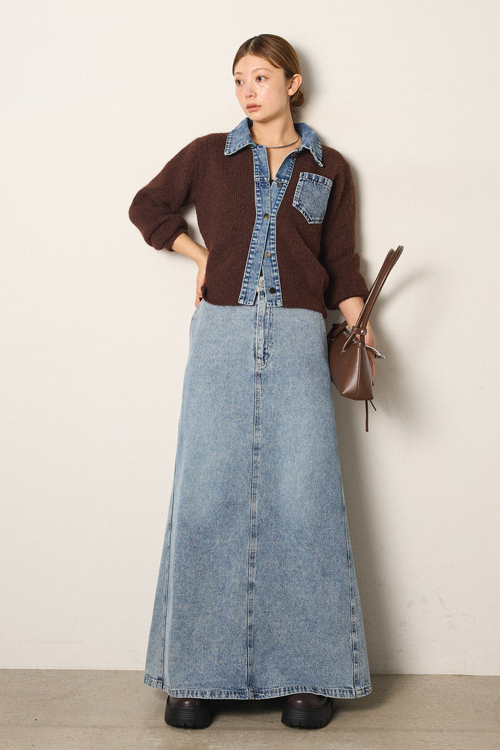 [SET]襟付きデニム切替ニットカーディガン+デニムロングフレアスカート(2set)