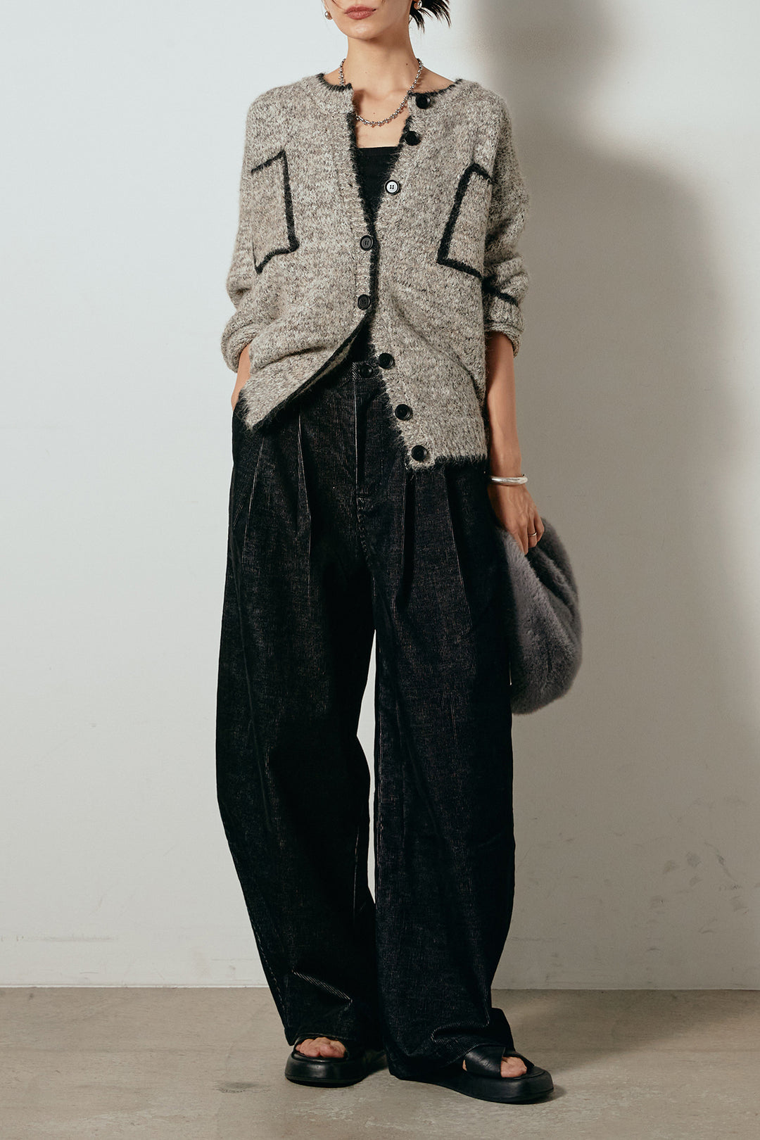 [SET]ミックスニットポケットカーディガン+フロントタック入りコーデュロイパンツ(2set)