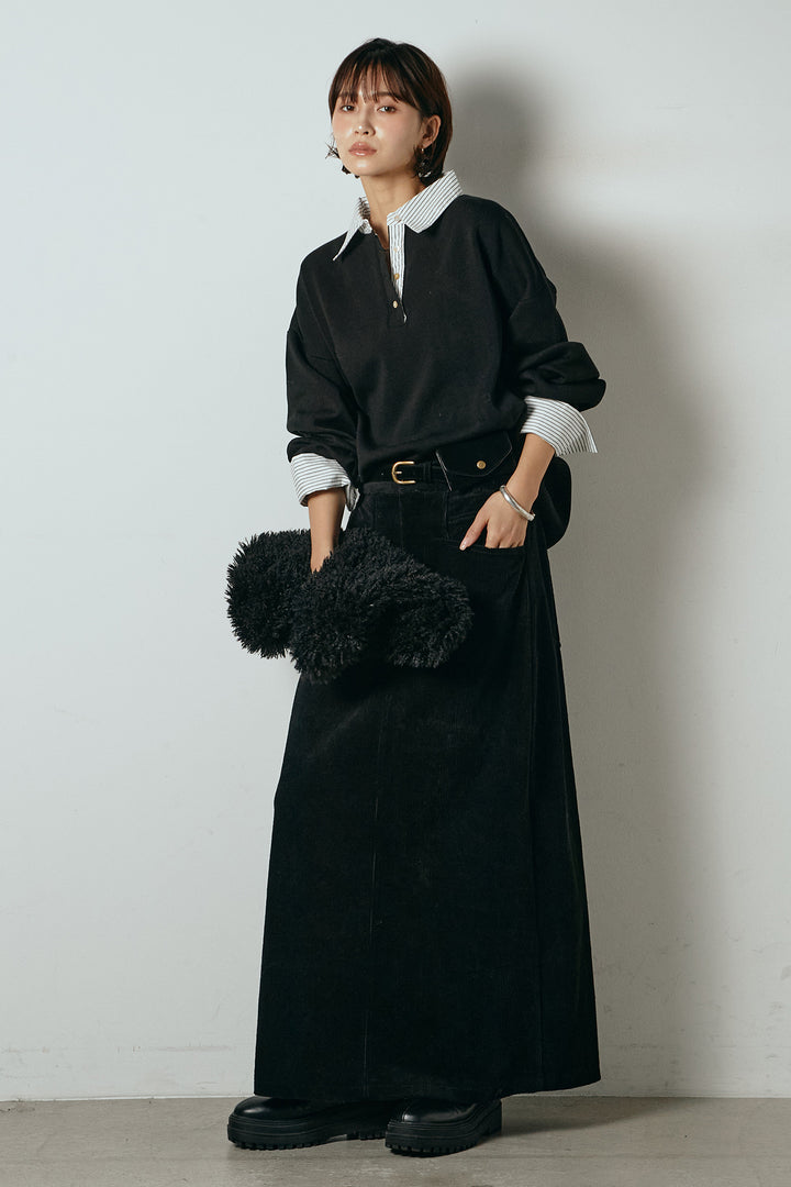 [SET]ストライプシャツドッキングポロトップス+ポーチベルト付きコーデュロイワイドスカート(2set)