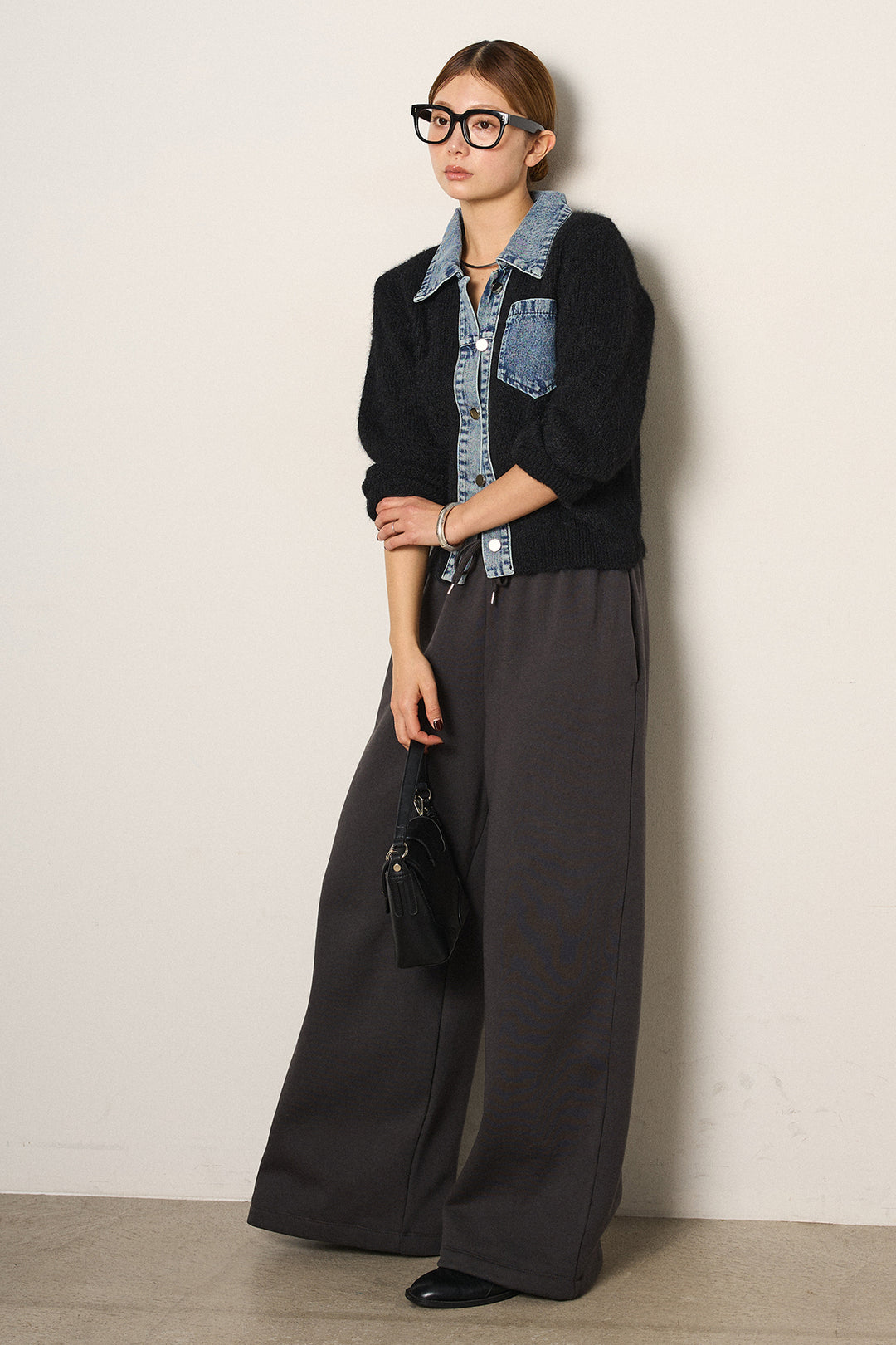 [SET]襟付きデニム切替ニットカーディガン+裏起毛スウェットワイドパンツ(2set)