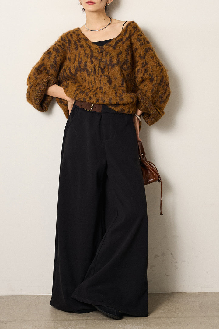 [SET]フラッフィーレオパードシャギーニット+サイドベルトパンツ(2set)