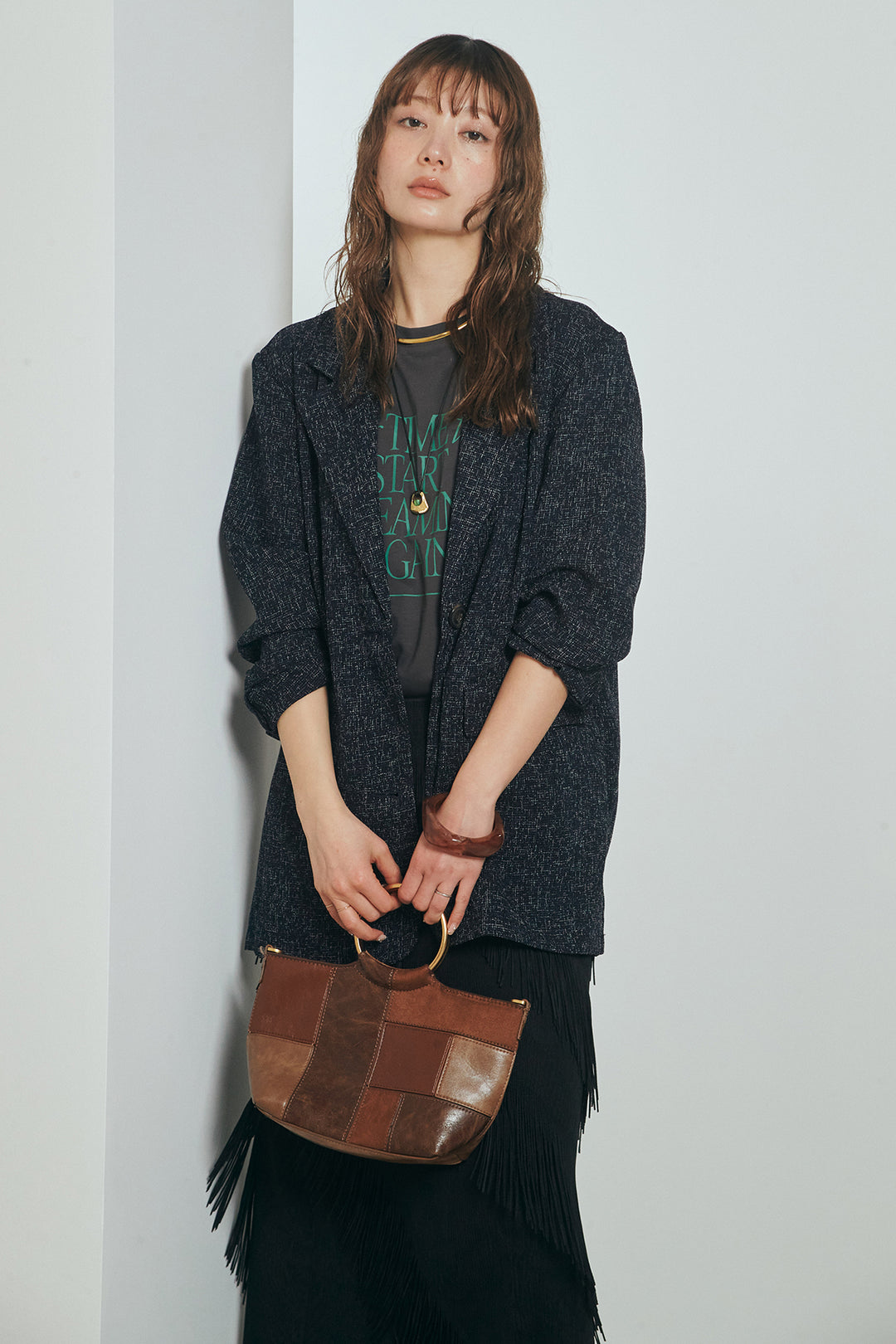 [SET]ミックスツイードベルト付きジャケット+斜めフリンジデザインスカート(2set)