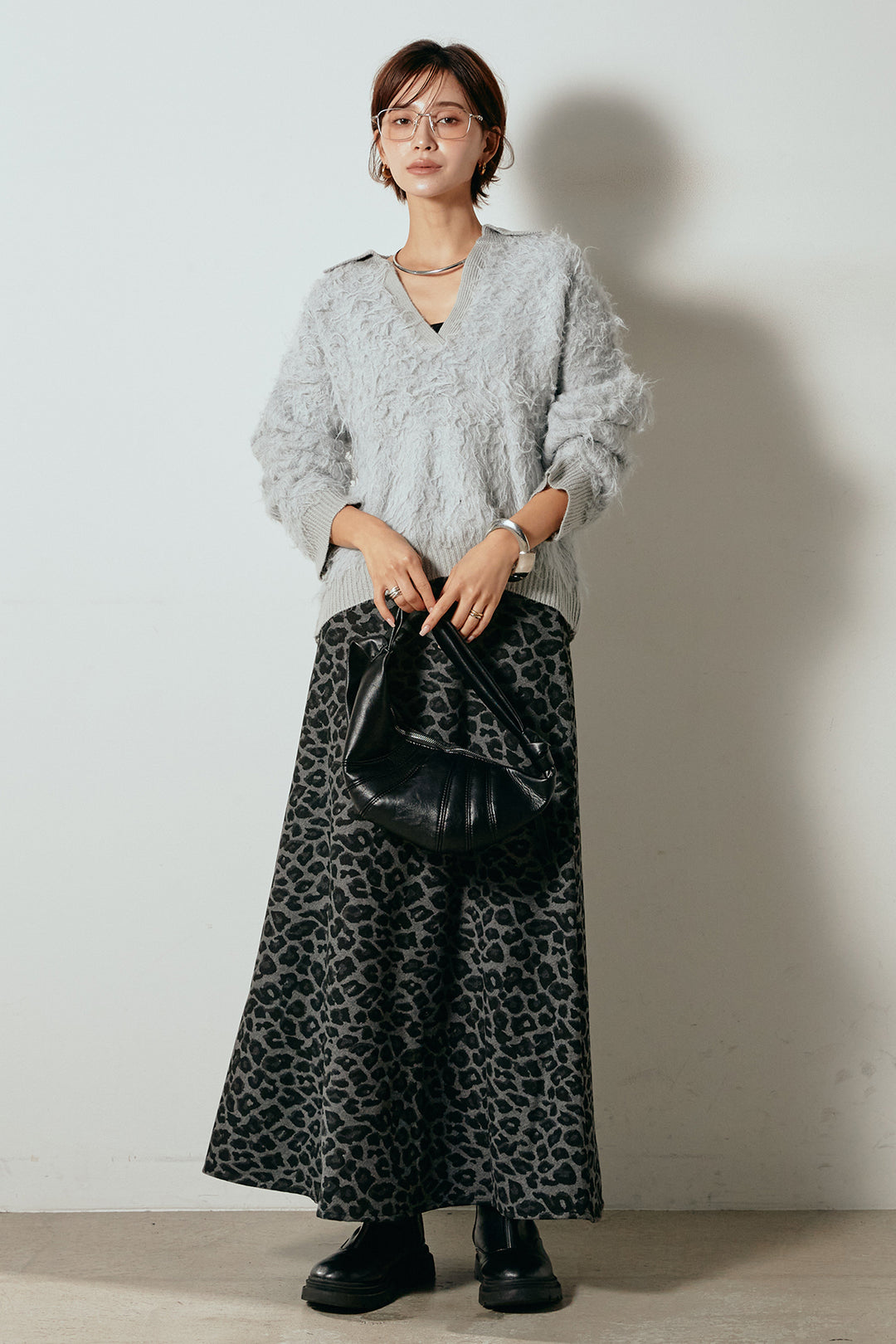 [SET]襟付きシャギーニットポロトップス+レオパードロングスカート(2set)
