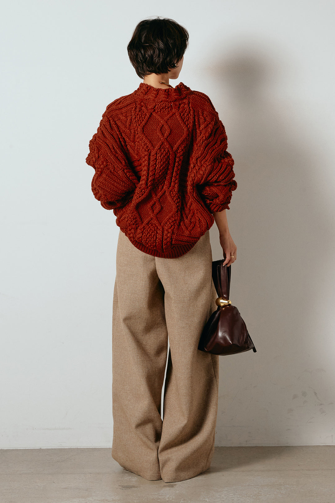 [SET]アラン柄ミックスケーブルニット+サイドボタンツイードタックパンツ(2set)