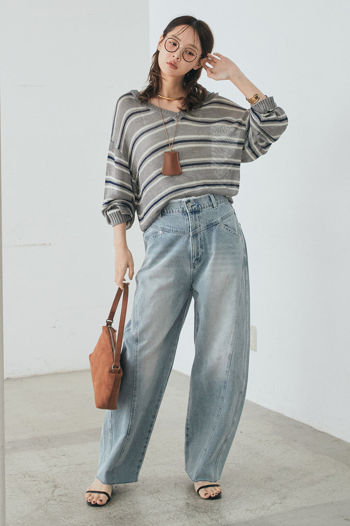 [SET]綿タッチVネックボーダートップス+デニムヨークパンツ(2set)