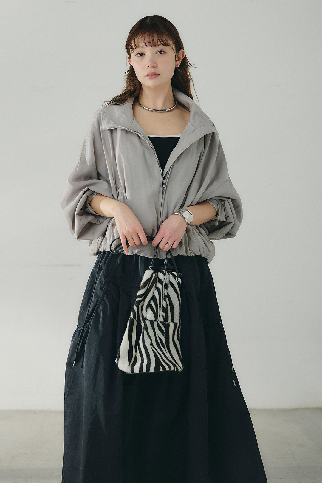 [SET]スタンドネックシアーブルゾン+ナイロンデザインフレアスカート(2set)