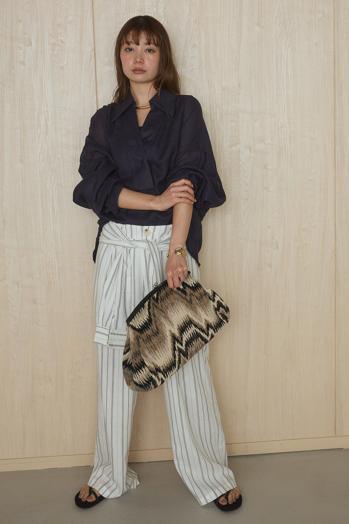 [SET]襟付きボタンブラウス+ウエスト巻きピンストライプパンツ(2set)