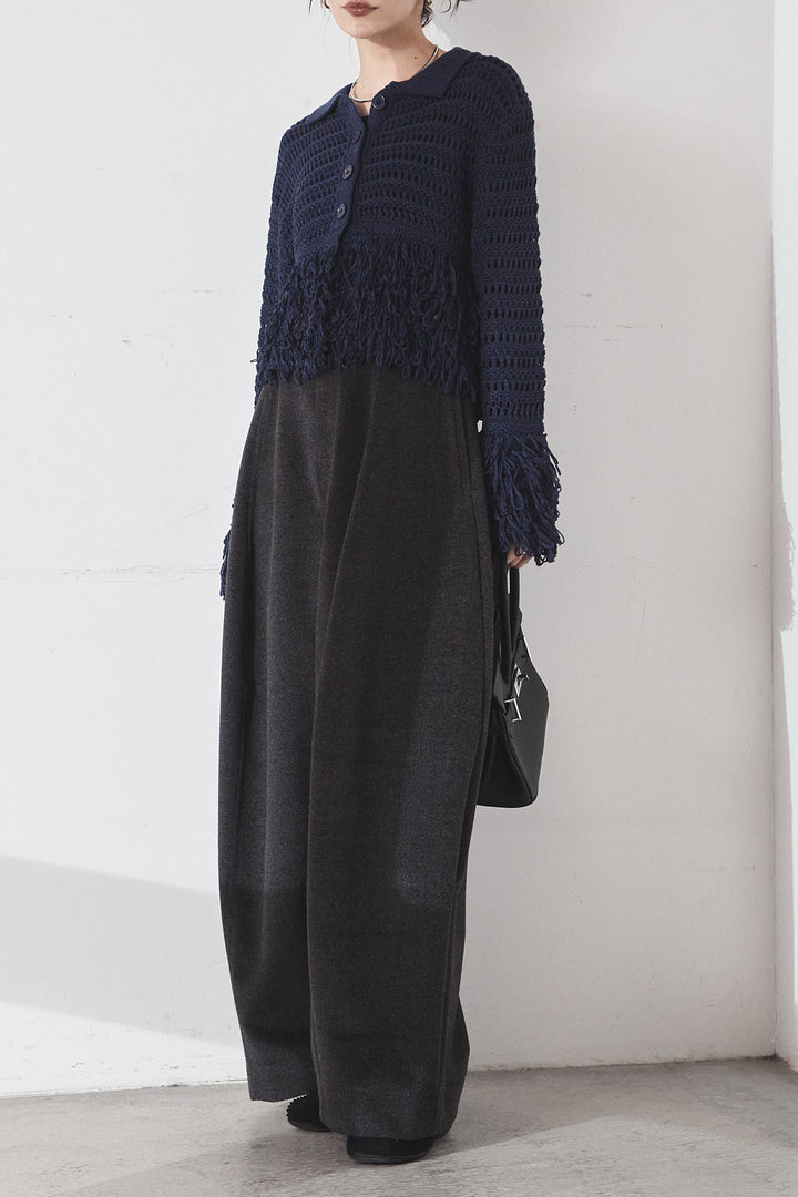 [SET]メッシュフリンジカーディガン+ウールタッチカーブワイドパンツ(2set)