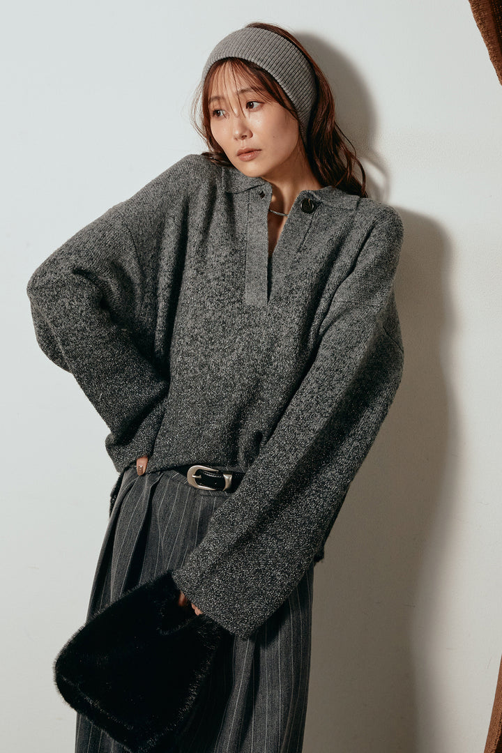 [SET]グラデーションラメニットキーネックプルオーバー+ストライプヘリンボーンパンツ(2set)