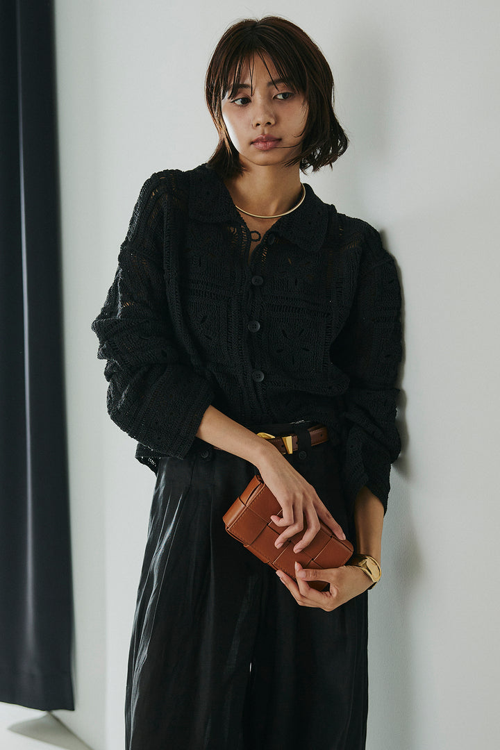 [SET]鍵編みフラワーレースカーディガン+タック入りワイドパンツ(2set)