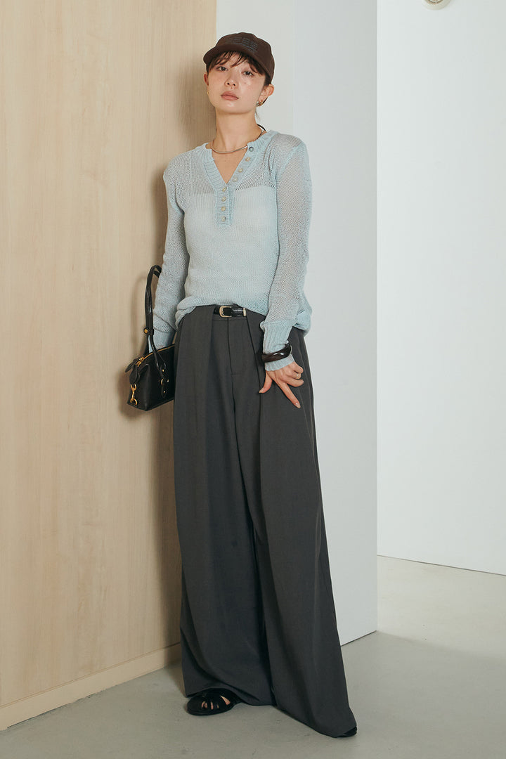 [SET]ヘンリーネックダメージニットプルオーバー+ビックベルトループタックベルト付きワイドパンツ(2set)