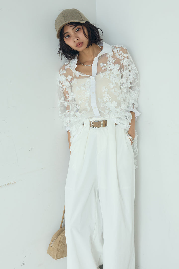 [SET]立体フラワー刺繍レースシャツ+ベルトループデザインハイウエストタックパンツ(2set)