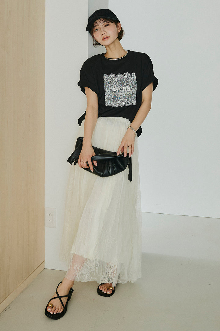 [SET]レースロゴ刺繍Tシャツ+レースコンビワッシャーギャザースカート(2set)