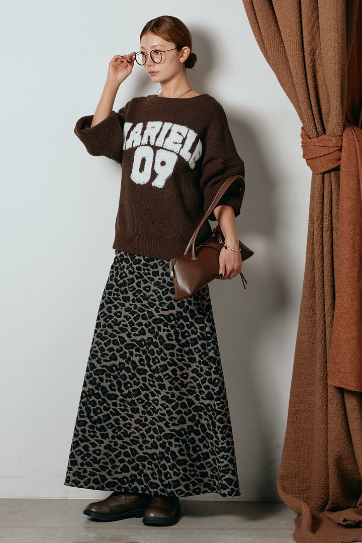 [SET]ロゴジャガードニットトップス+レオパードロングスカート(2set)