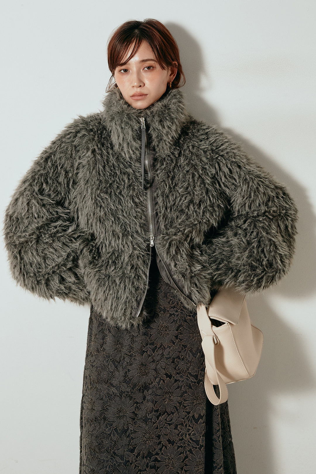 【着回しセット】[SET]ミックスシープファースタンドブルゾン+花柄刺繍ベロアフレアスカート+フェイクウールタックトラウザーズパンツ(3set)