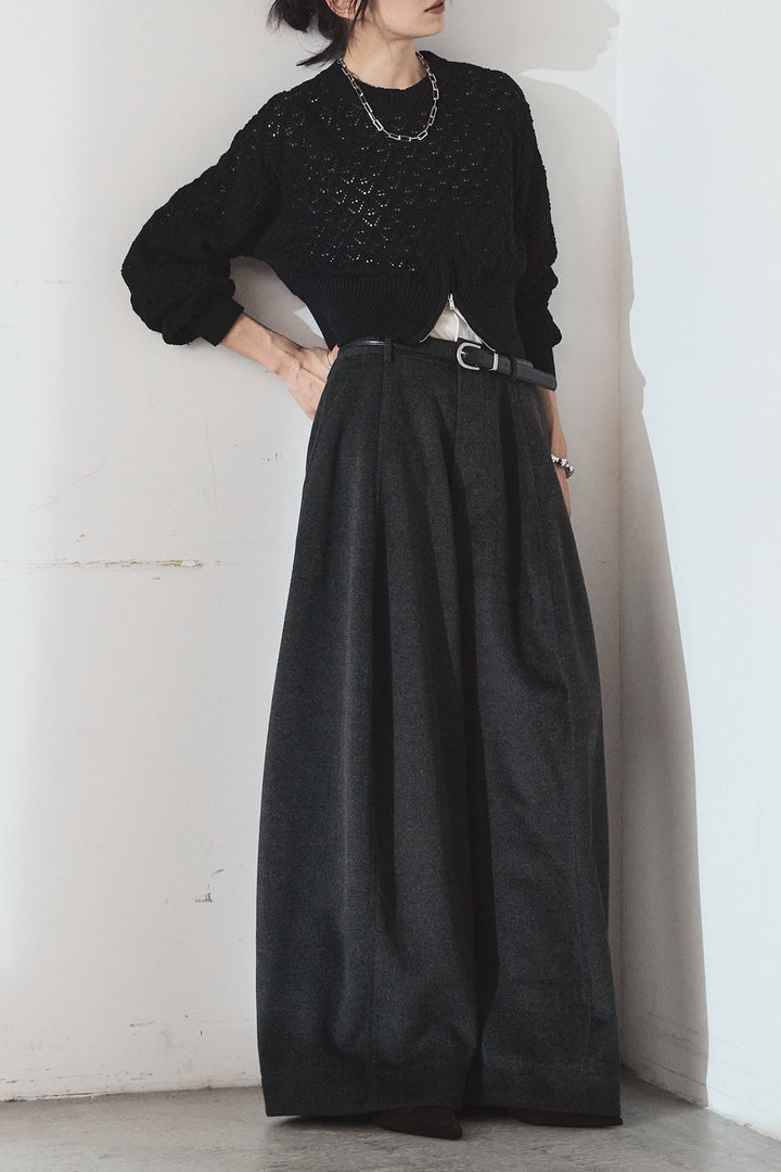 [SET]透かし編みニットジップスリットプルオーバー+ウールタッチカーブワイドパンツ(2set)