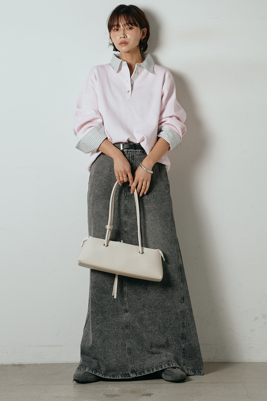 [SET]ストライプシャツドッキングポロトップス+デニムロングフレアスカート(2set)