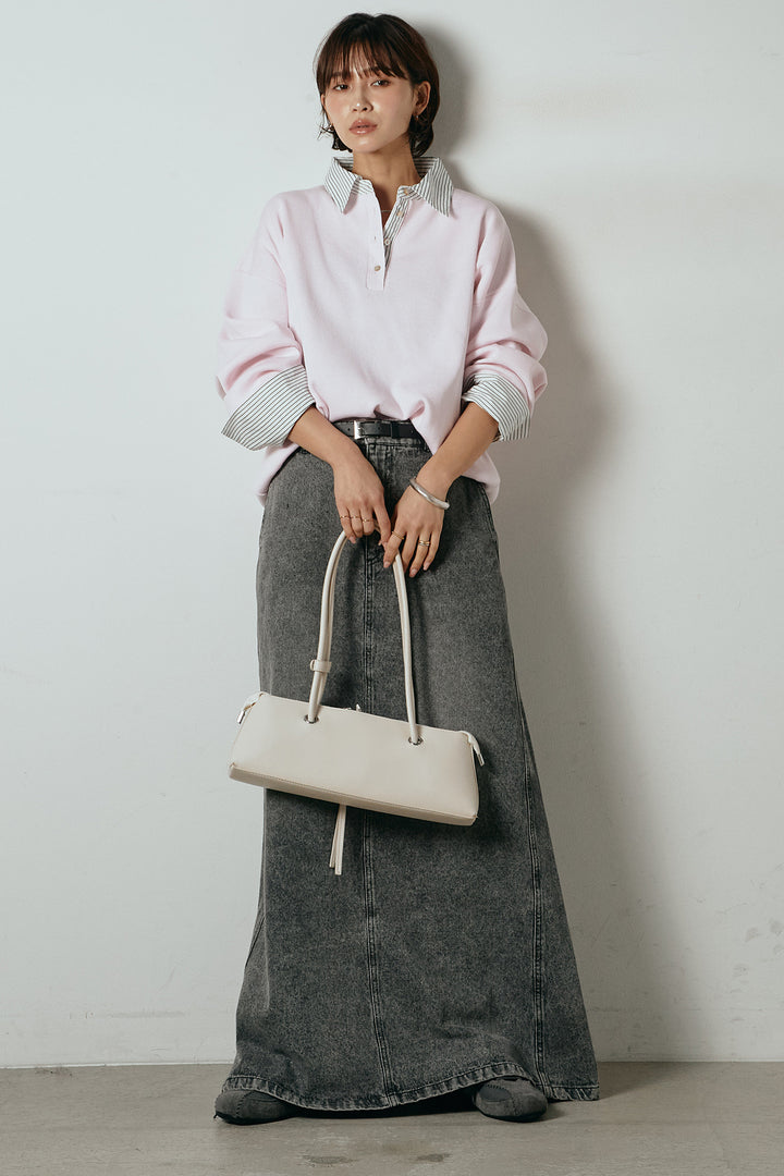 [SET]ストライプシャツドッキングポロトップス+デニムロングフレアスカート(2set)