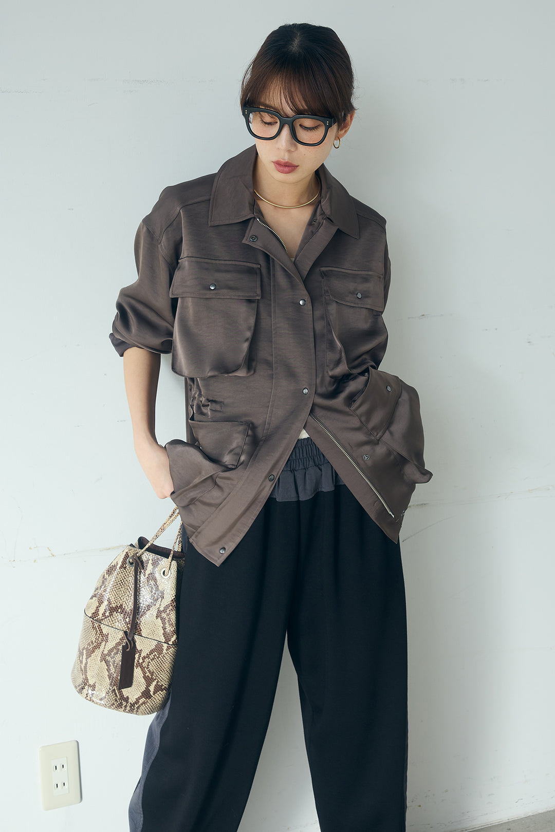 [SET]サテンライトブルゾン+異素材切り替えスウェットパンツ(2set)