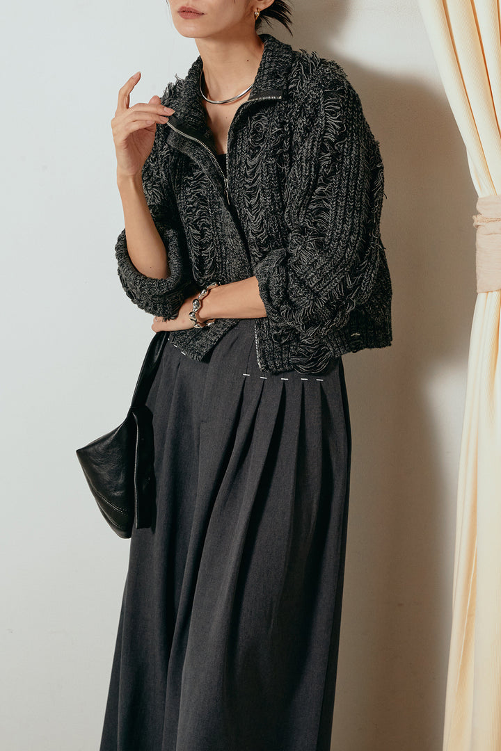 [SET]ハイネックフリンジジップニットトップス+ウエストステッチデザインワイドスラックス(2set)