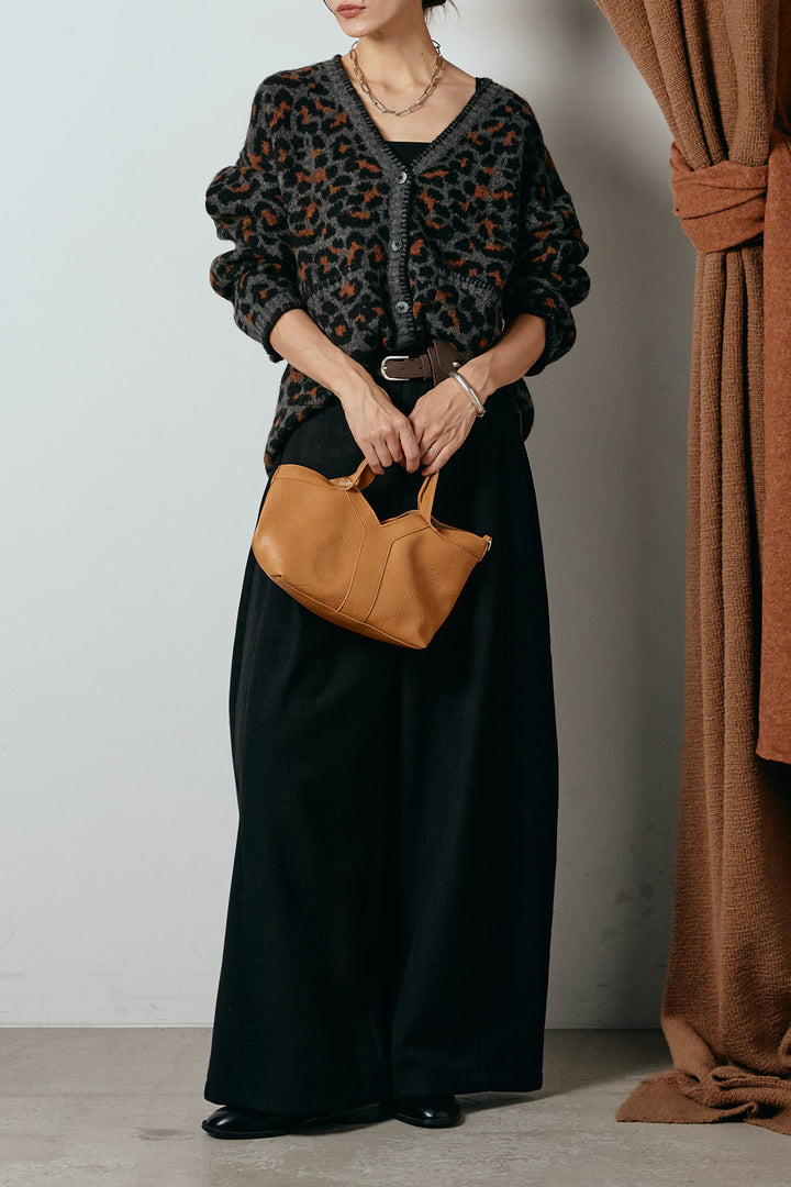 [SET]ステッチデザインレオパードニットカーディガン+ポーチベルト付きカーブパンツ(2set)