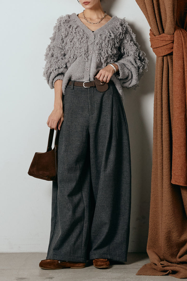 [SET]ループ編みVネックニットカーディガン+ポーチベルト付きカーブパンツ(2set)