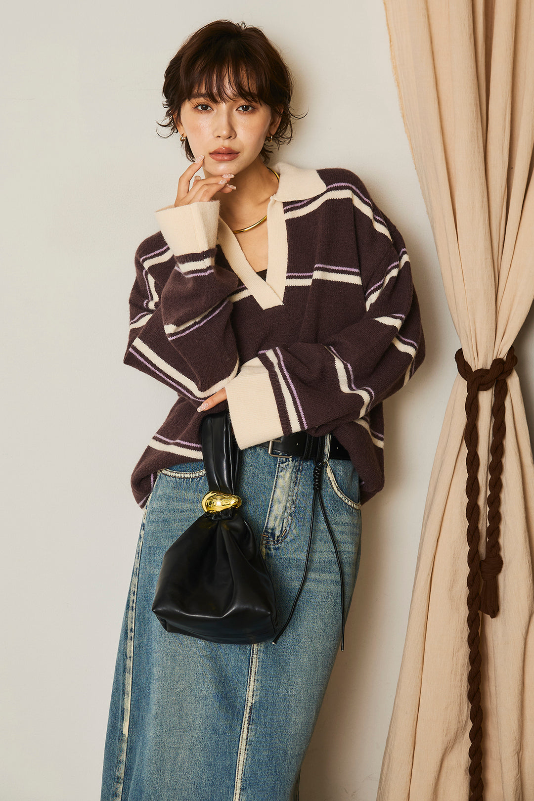 【即納】フェイクレザー太ベルト付きデニムワイドスカート