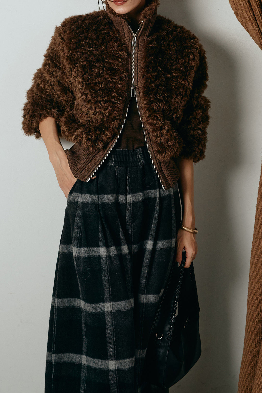 [SET]ハイネックショート丈ボアジップブルゾン+起毛タータンチェック柄ワイドパンツ(2set)