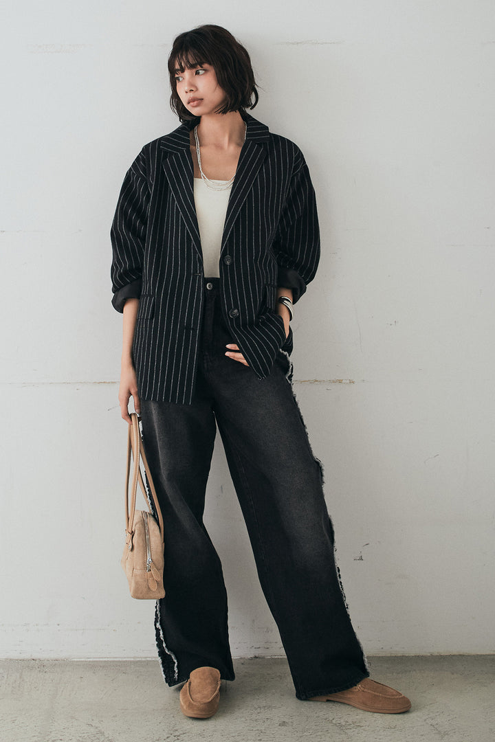 [SET]リネンライクストライプテーラードジャケット+デニムサイドフリルパンツ(2set)