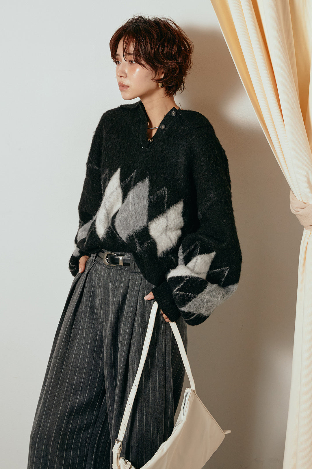 [SET]アーガイル柄ポロニットトップス+ストライプヘリンボーンパンツ(2set)